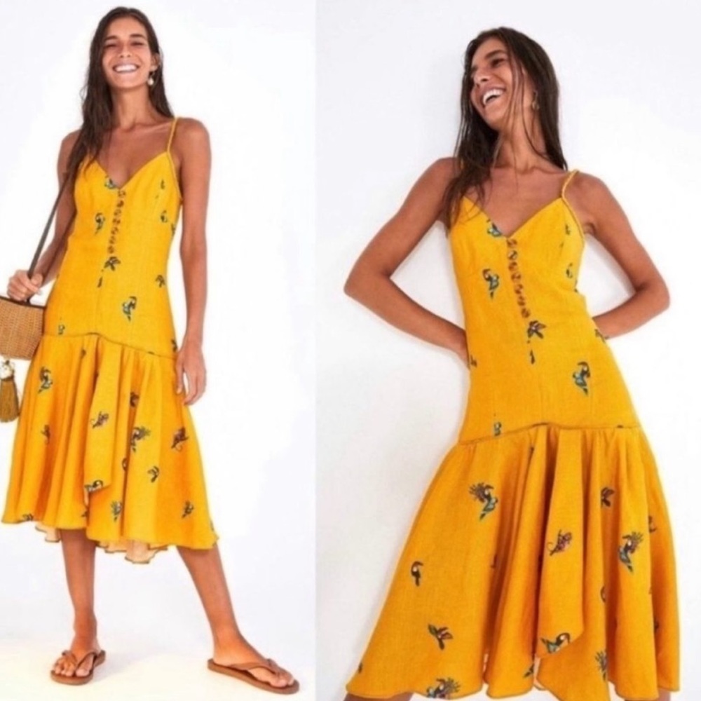 Farm Rio Jungle Tucanos Button Front Yellow Linen